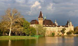 Budapest Vajdahunyad Castle in City Park with stormy clouds